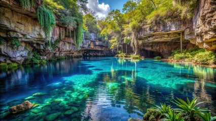Deep blue cenote with crystal clear water and lush greenery surrounding natural rock formations, rock formations, serene atmosphere