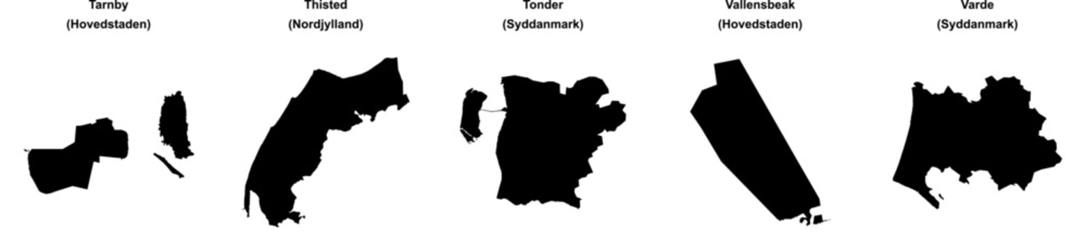 Tarnby, Thisted, Tonder, Vallensbeak, Varde outline maps