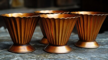 Antique copper cups display, market stall, rustic background, home decor