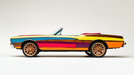 Vibrant convertible car with wooden wagon wheels displayed on bright canvas