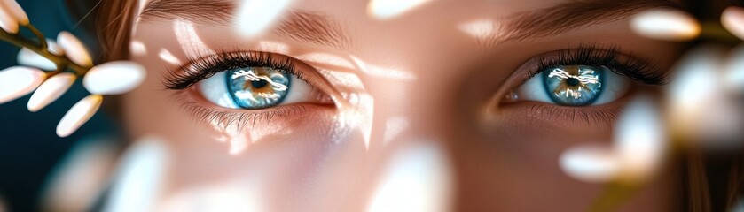 Naklejka premium Driving Performance with Innovation Leadership reflected in the captivating gaze, Unlocking potential through forward-thinking strategies, vision, seeing clearly, focus, blue eyes, light, nature
