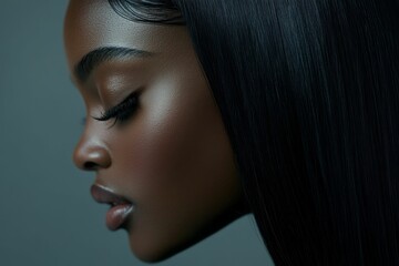 Fototapeta premium Profile of a woman with sleek, dark hair.