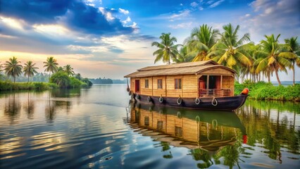 Obraz premium Houseboat on serene backwaters of Alappuzha, tranquil, natural, tranquil, natural, trees, scenery, soft, peaceful, floating, nature