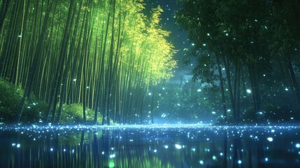 A magical forest at night with glowing fireflies and a reflecting pond.