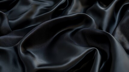 Obraz premium Detailed shot of black silk fabric with elegant folds, a shiny surface, and fine intricate patterns. 
