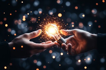 An abstract depiction of a hand offering a bright lightbulb to another hand, symbolizing persuasion through innovative ideas