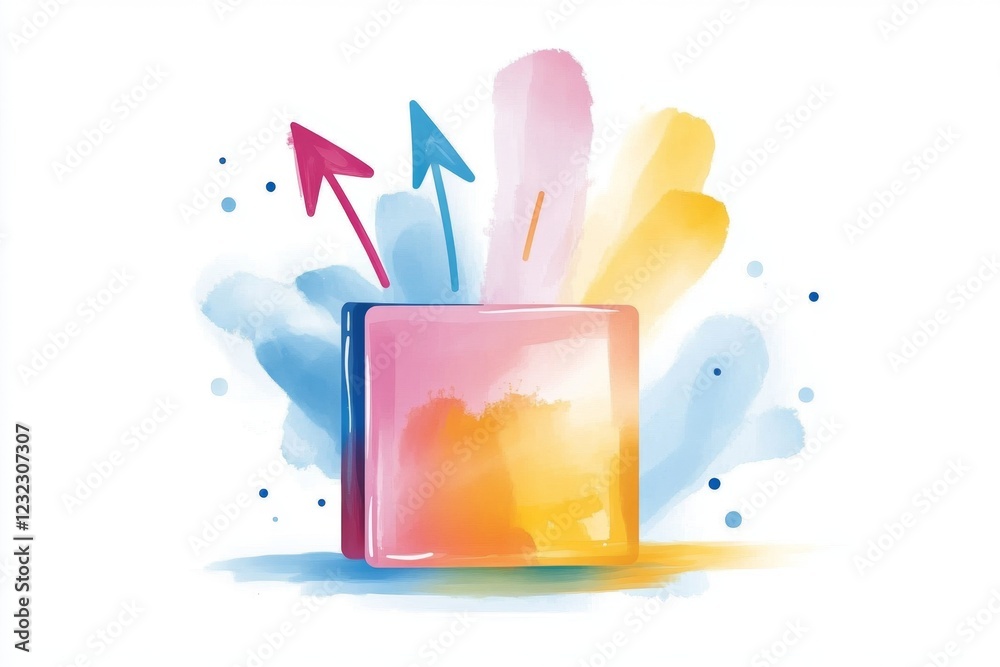 Poster An abstract icon of a wallet with arrows going in and out, drawn in clean lines and soft pastel tones
