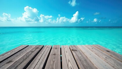 Obraz premium Rustic gray pier planks overlooking tranquil azure sea under bright summer sky , relaxing, ocean