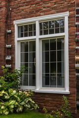 Fototapeta premium White Window on Red Brick House Exterior, Beautiful Home Architecture, Real Estate
