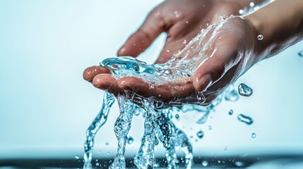 Fototapeta premium Hands cupping flowing water in a serene setting