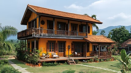 Obraz premium Traditional wooden stilt house with wide balconies on all sides, overlooking a peaceful countryside setting