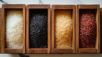 Fototapeta premium Four different types of rice in wooden boxes on a marble surface.