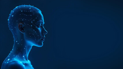 Close up view of artificial intelligence (ai) and virtual model of robot head and face. Concept of virtual reality and ai chat technology.