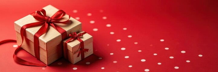 Obraz premium Rustic wooden gift boxes atop red polka dots background , craft, red polka dots