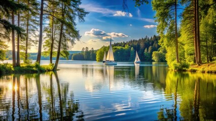 Fototapeta premium Sunny forest lake with tall trees and sailboats on the water, landscape, lake, landscape, lake, Finland, forest, scenic view