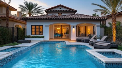 Fototapeta premium Desert villa poolside evening luxury real estate
