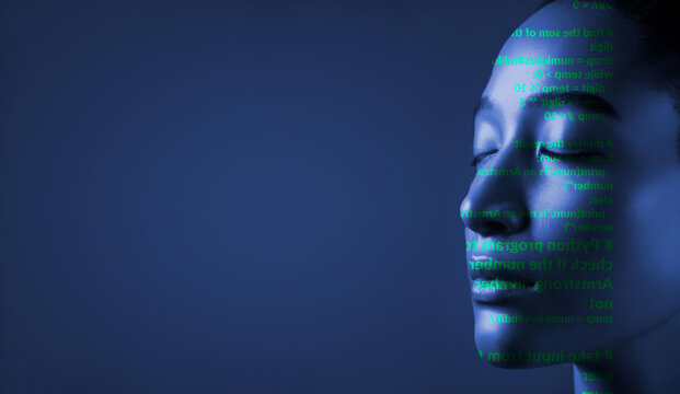 Python or computer code language on woman face. Concept of artificial intelligence (ai) and technology effects on humans jobs.