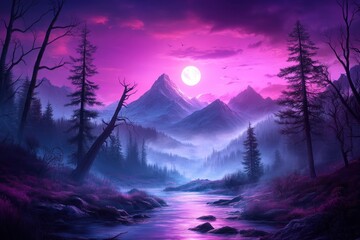 Immerse yourself in this breathtaking landscape where mountains touch the sky and a river flows under a full moon, a sight that evokes a feeling of Motivational Influence as nature's grandeur creates