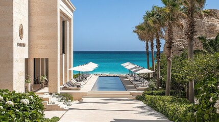 Fototapeta premium Luxury resort pool, ocean view, tropical plants, steps, brochure