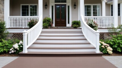 Front porch of a house adorned with a wreath, showcasing vinyl siding and inviting winter decor in a snowy setting