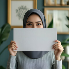 Young Muslim woman holding a blank white sign in front of her face, a modern and minimalist portrait for marketing, branding, or social media campaigns