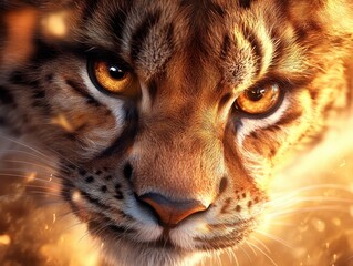Obraz premium Mastering Decision-Making in Strategy, A Leaders Path to Success, like a Lynx A close-up portrait of a powerful lynx's face shows intense eyes, golden fur, and an aura of fierce determination