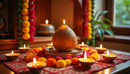 Traditional Hindu puja setup with coconut, oil lamps, and flowers.