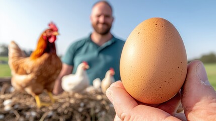 Egg in hand showcases sustainable farming with chickens in the background