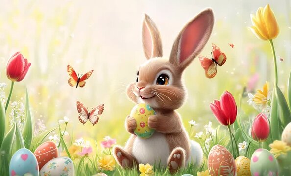 Adorable white easter bunny holding a painted egg