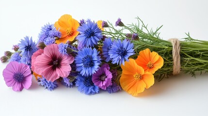 Whimsical bouquet of wildflowers in vibrant colors gathered with twine