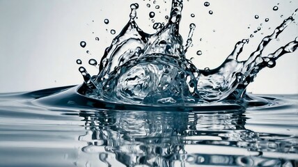 A clean, blue splash of water creates abstract waves and bubbles in a transparent glass