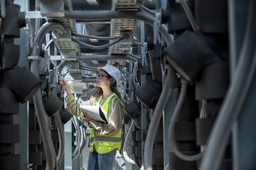 mechanic at work. Female engineer inspects and controls the cooling system of a large factory air...