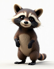 Obraz premium Cute 3D Cartoon Raccoon with Big Eyes, Friendly Forest Animal on White Background 