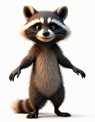 Obraz premium Cute 3D Cartoon Raccoon with Big Eyes, Friendly Forest Animal on White Background 