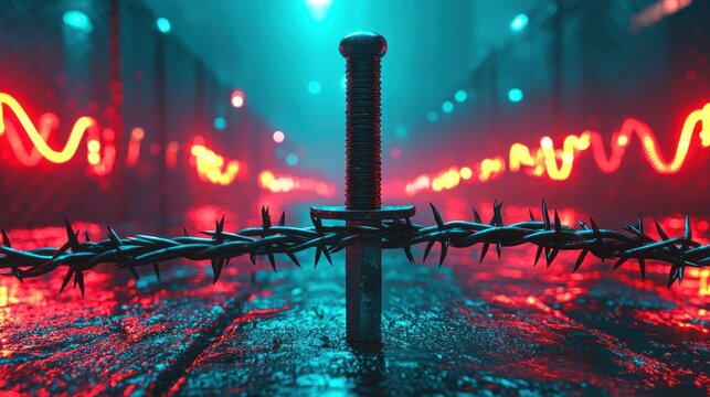 A Sword Impales Barbed Wire In A Neon Lit Cityscape