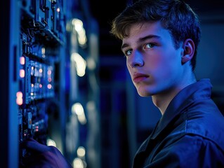 Young technician working on complex machinery, symbolizing technological innovation and skilled labor. Ideal for articles on STEM careers, apprenticeships, and technical education.