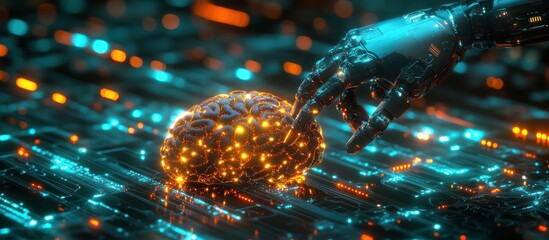 Robot hand probes glowing brain, circuit background