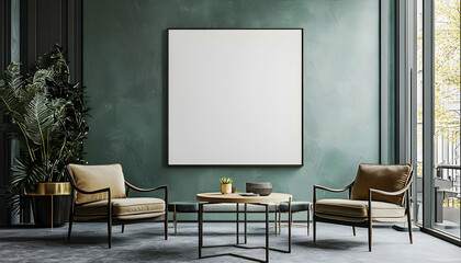 Illustration - Modern Interior Design with Blank Canvas, Armchairs, Table, and Plant