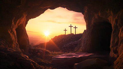 The empty tomb of Jesus Christ at sunset, three crosses in the background, Jesus resurrection, he is risen, Christian Easter holiday celebration