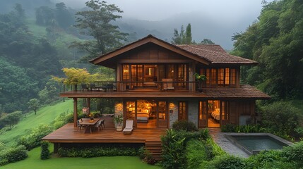 Obraz premium Traditional countryside wooden home with a large elevated deck, open area below, overlooking a beautiful valley