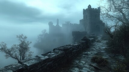 A stone path leads to an ancient castle shrouded in mist.