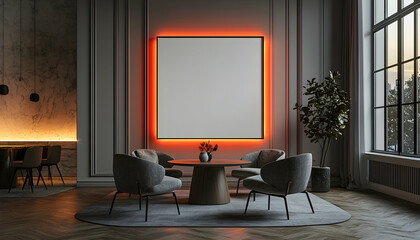 3D Illustration Modern Interior Design Living Room Mockup Poster Frame, Armchairs, Table, Plant, Window