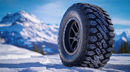 Naklejka premium Winter tire with studded treads on snowy mountain road against blue sky