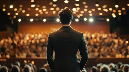 A speaker's back, facing a large audience in a warmly lit auditorium, symbolizing leadership and public speaking. Ideal for presentations, conferences, and motivational content.