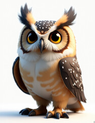Cute 3D Cartoon Owl with Big Eyes, Friendly Forest Bird on White Background
