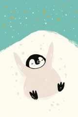 joyful penguin making snow angel in winter wonderland under northern lights, surrounded by serene snowy landscape