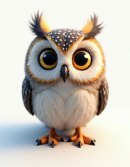 Naklejka premium Cute 3D Cartoon Owl with Big Eyes, Friendly Forest Bird on White Background 