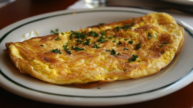  Classic plain omelette garnished with fresh parsley, served on a simple white plate with green trim, perfect for a quick and easy breakfast or brunch.