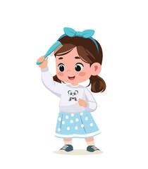 little kid girl caucasian comb hair and feel happy	