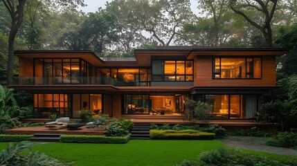 Obraz premium Elegant wooden home with a raised platform, complete with large balconies, natural wooden textures glowing under warm sunlight